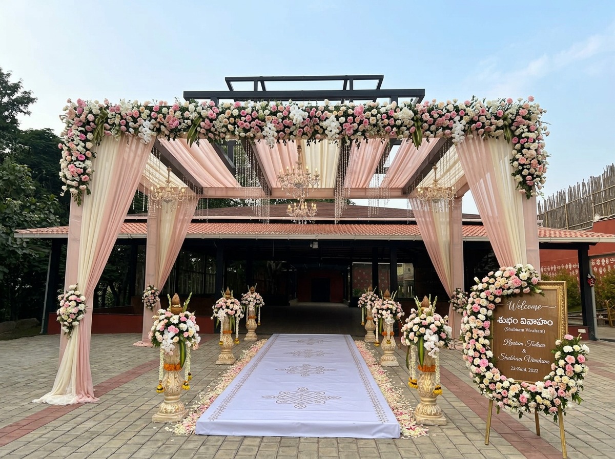 Floral Pergola Entrance Walkway with Welcome Board at ARC Pyramid