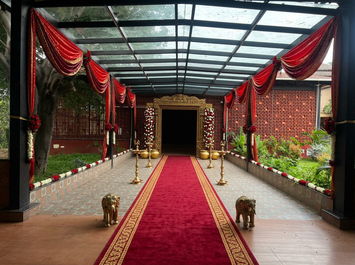 Grand Red Velvet Drapes Glass Canopy Walkway at ARC Pyramid