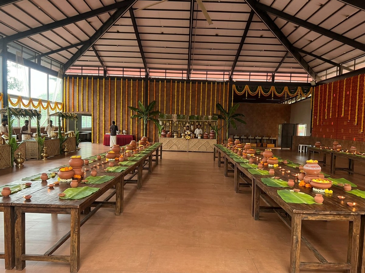 Rustic Wooden Dining Hall Layout with Clay Pots at ARC Pyramid